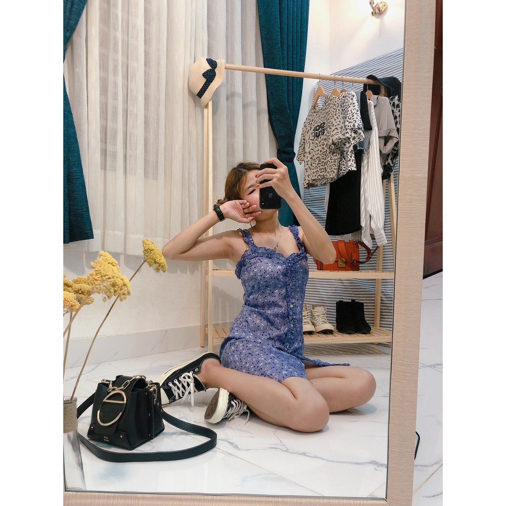 Váy Đầm 2 dây dáng Suông in hoạ tiết Hoa Oải Hương Xinh Xắn thời trang Nữ, vải mềm mịn mát