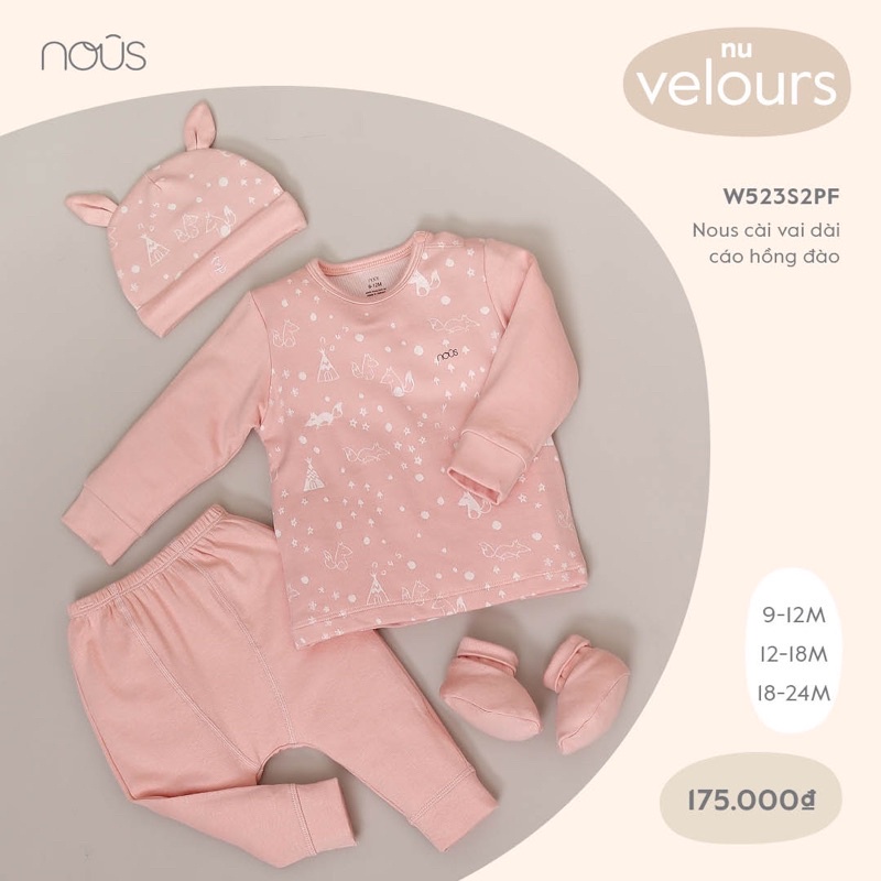 Nous bộ cài vai dài chất nỉ Velours  cho bé từ 9m-12m và 18-24m