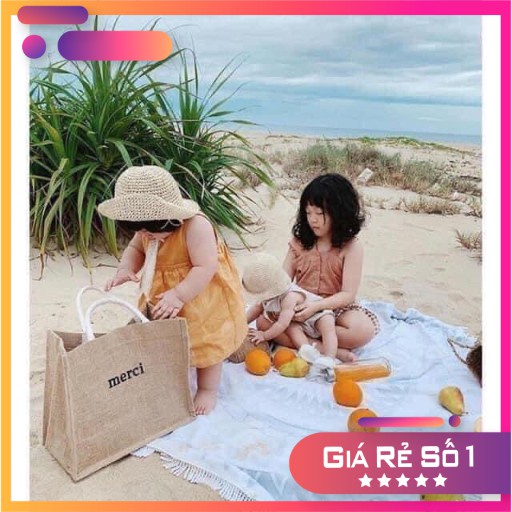 Túi cói vintage đi biển Merci xách tay nữ phong cách Hàn Quốc cực chất