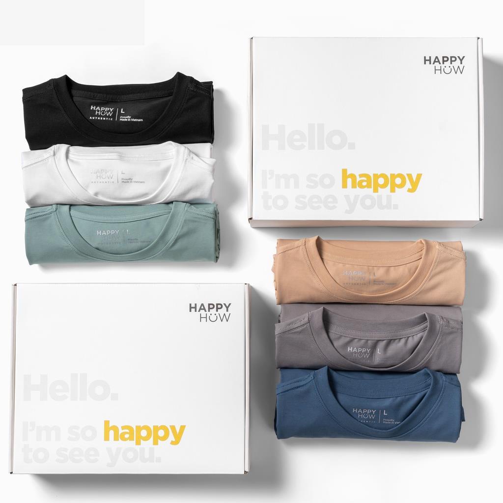 Áo thun nam cổ tròn HAPPYHOW vải Cotton co giãn 4 chiều ,dày dặn, form regular fit thoải mái
