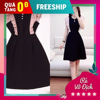 Đầm xòe nữ dể thương cổ tròn phối bèo hồng dự tiệc qúy phái .