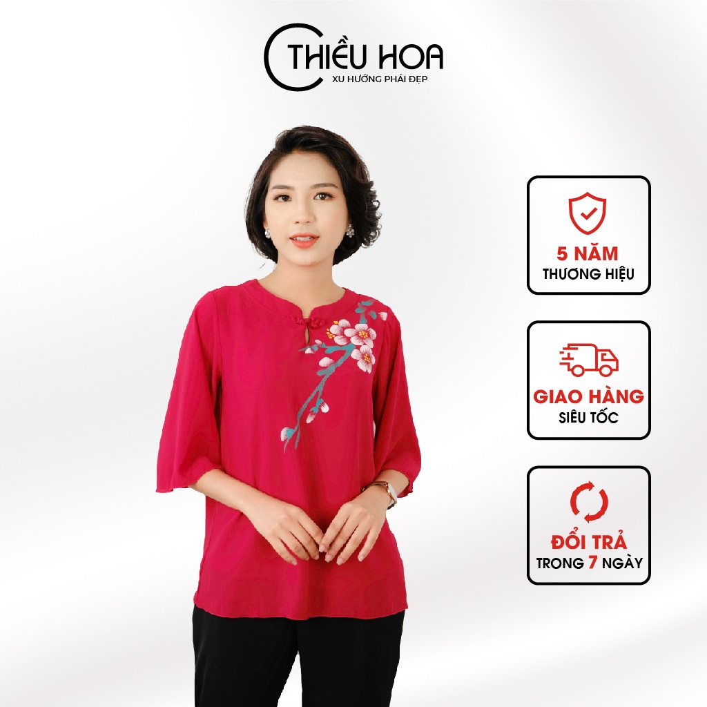 Áo Sơ Mi Vải Voan 2 Lớp Tay Lỡ Thiều Hoa Phong Cách Thanh Lịch Cho Phụ Nữ Tuổi Trung Niên (Có Size Lớn) K667 - Hàng mới