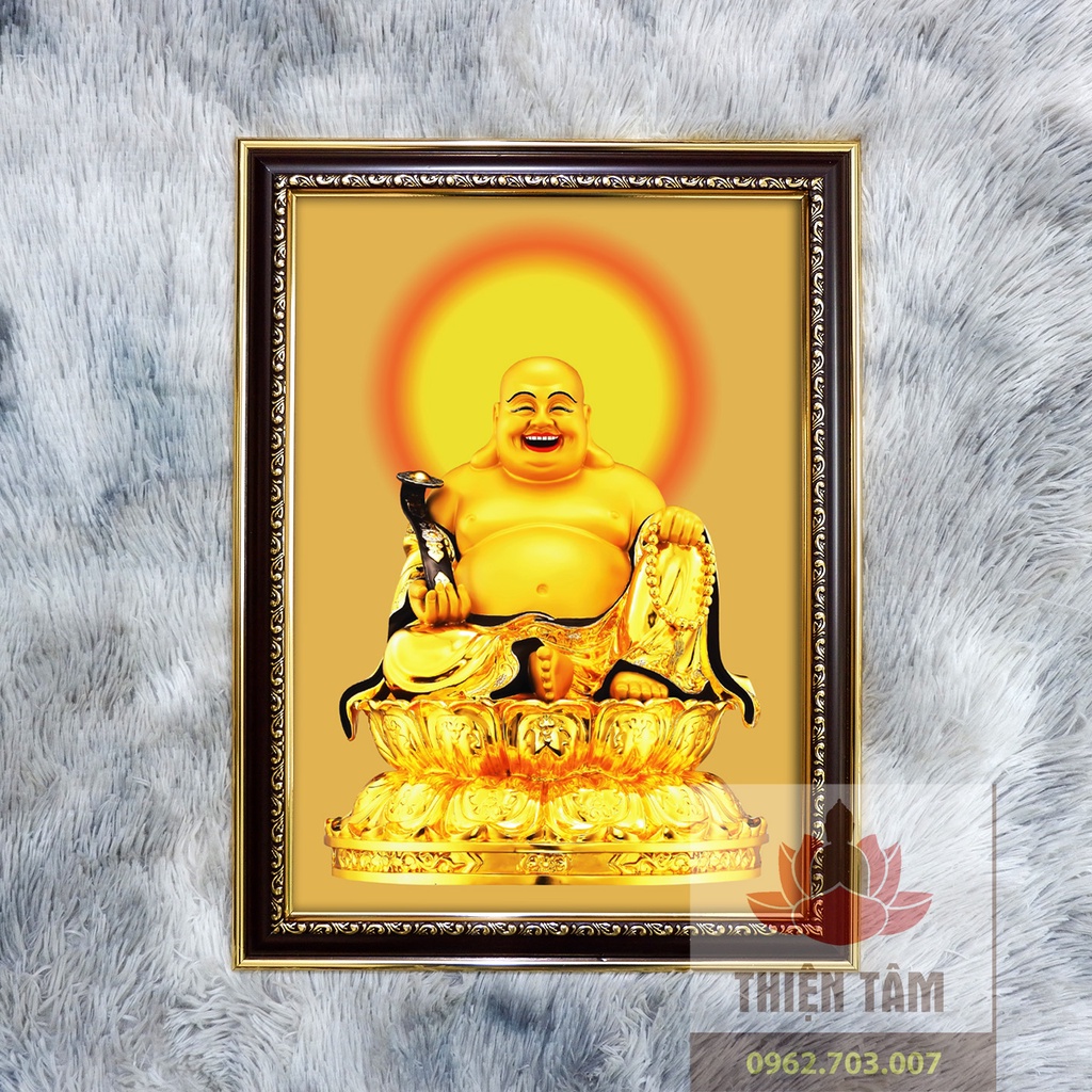 Tranh Phật Di Lặc 36x48cm bằng vải phủ bóng, khung composite xịn xò