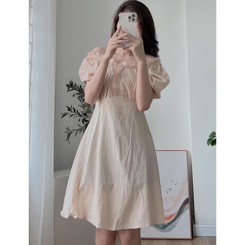 Váy Trễ Vai Chun Lưng Dáng Chữ A Tay Bồng Nhẹ Nhàng, Xinh Xắn, Labibi