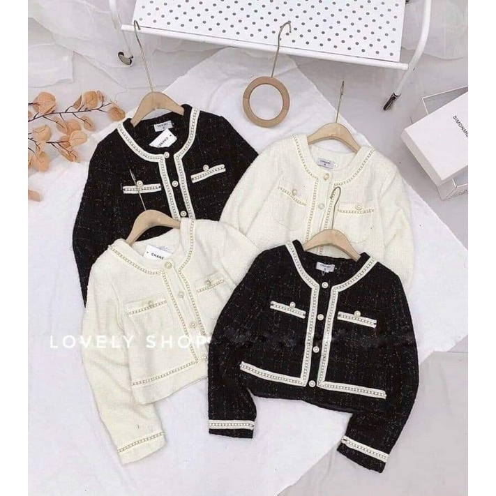 Áo dạ tweed 2 lớp chạy viền tay dài dáng ngắn crotop 2túi ngực cúc ngọc