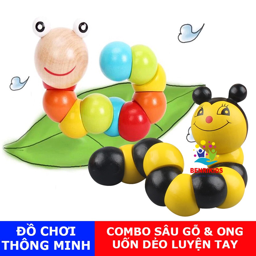 Combo 2 Đồ Chơi Con Sâu Và Ong Uốn Dẻo Bằng Gỗ Cho Bé Rèn Luyện Tay