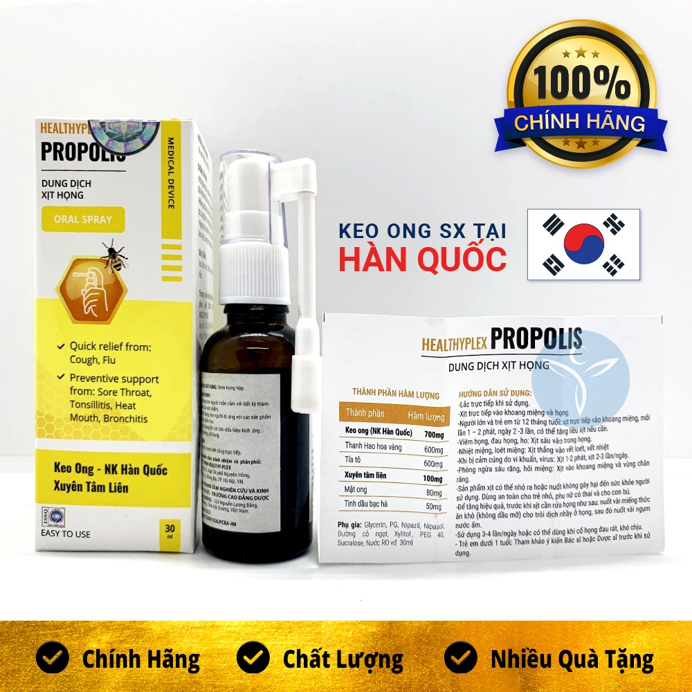 Xịt Họng Healthy Plex Propolis Giúp Giảm Ho, Giảm Đau Rát, Ngứa Họng Long Đờm, Phòng Ngừa Vi Khuẩn Chai 30 Ml