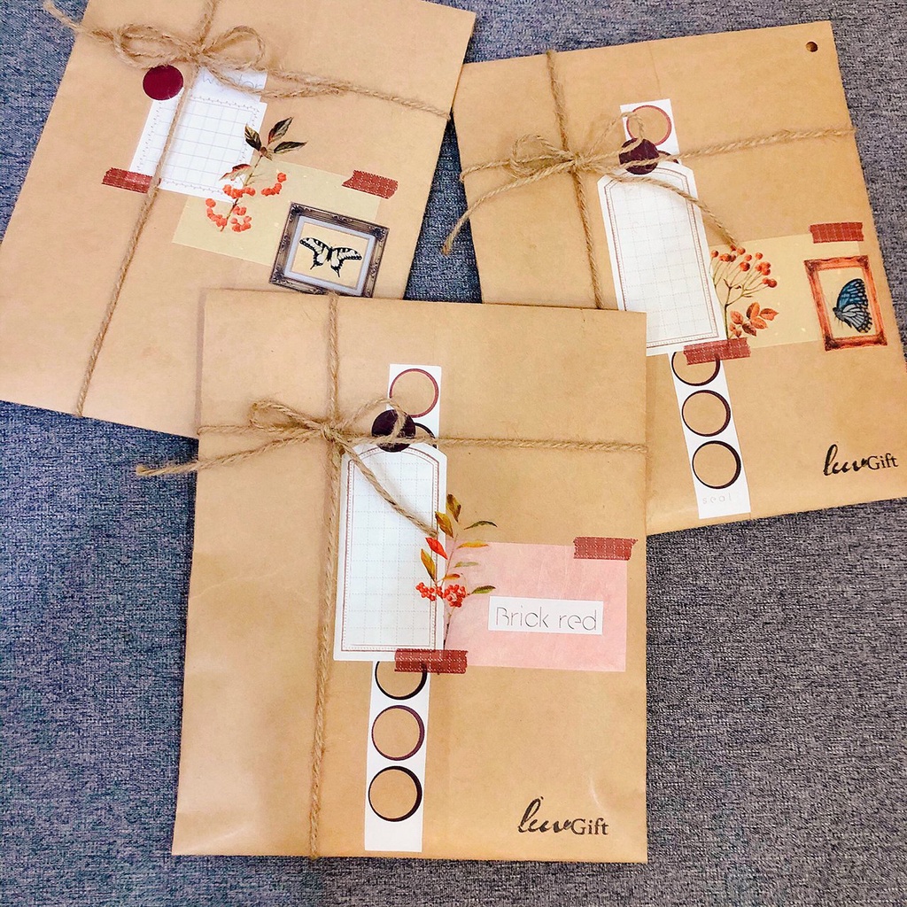 Set phụ kiện trang trí sổ bullet journal Retro gồm túi quà tặng kraft vintage, sticker, washi tape