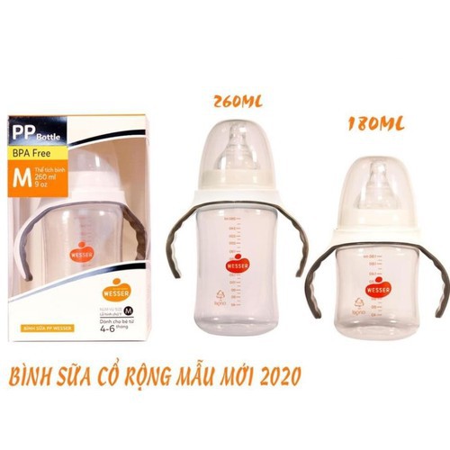 Bình sữa Wesser PP cổ rộng 180ml / 260ml