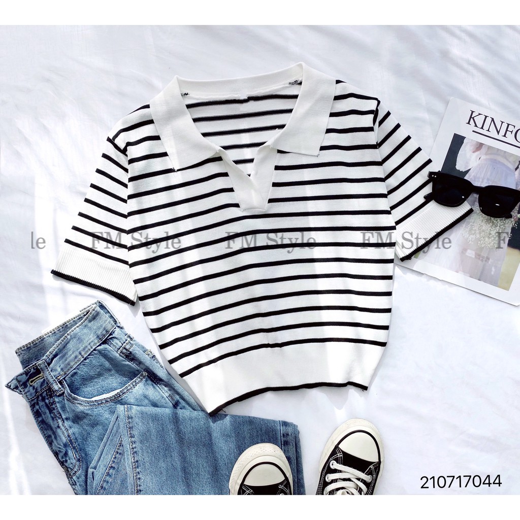 Áo kiểu nữ FM Style cổ bẻ tay ngắn họa tiết sọc ngang phong cách năng động trẻ trung thanh lịch basic 210717046 | BigBuy360 - bigbuy360.vn