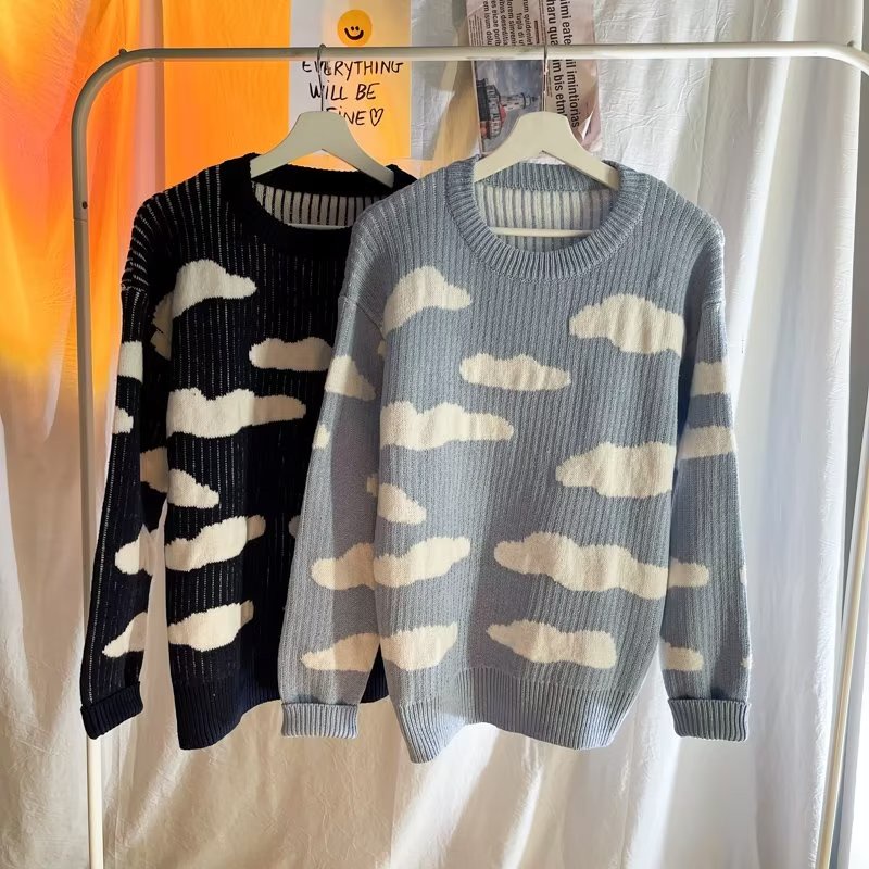 Áo Sweater Dệt Kim Dày Dặn Dáng Rộng In Hình Đám Mây Phong Cách Hàn Quốc Cho Nam Giới