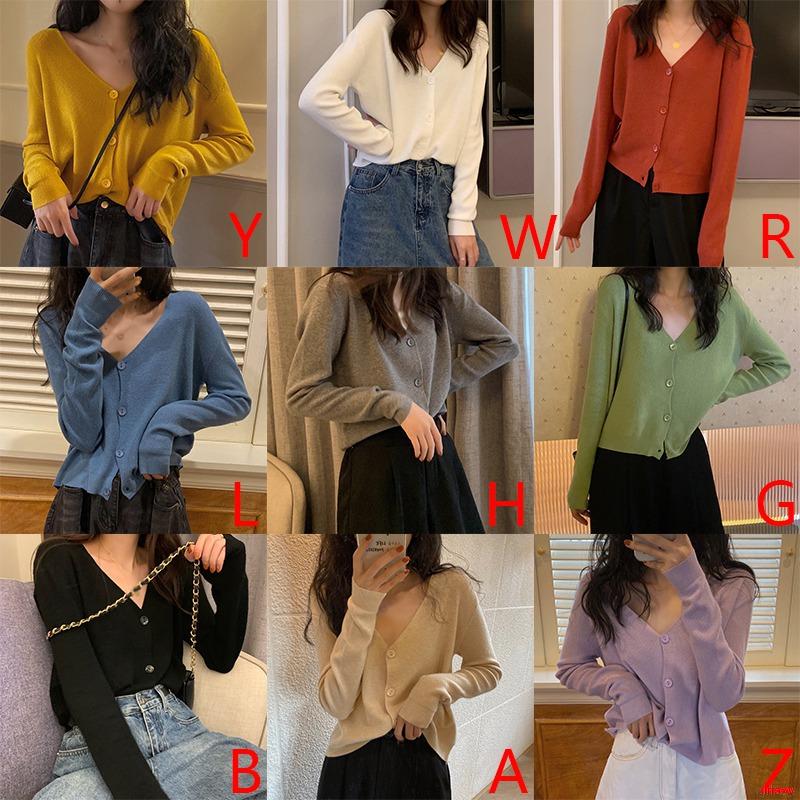 Áo Cardigan Dệt Kim Tay Dài Cổ Chữ V Phối Nút Màu Trơn Phong Cách Hàn Quốc