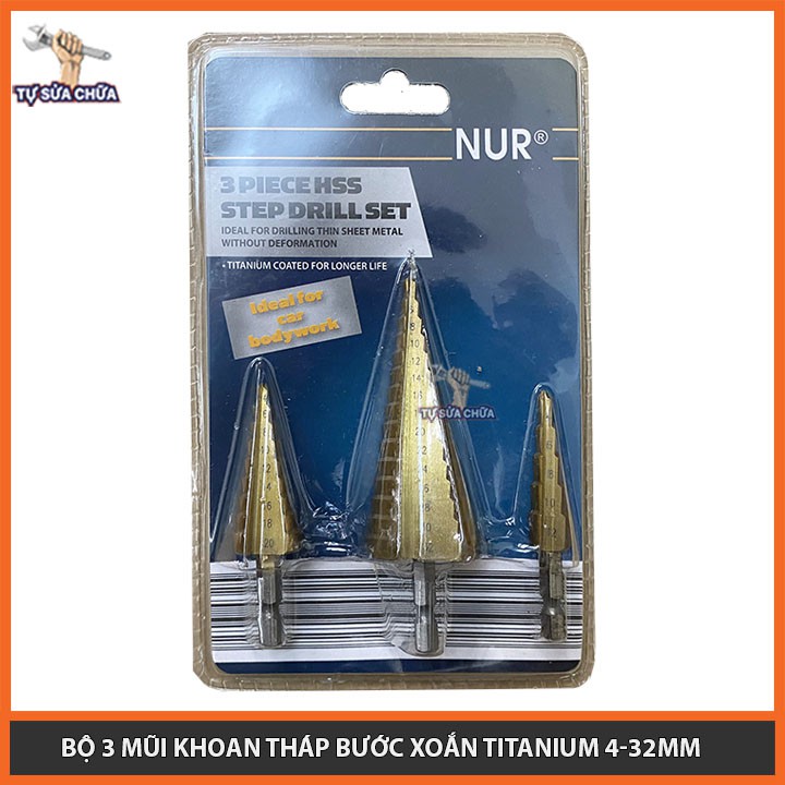 Bộ 3 mũi khoan tháp tầng bước titanium 4-32mm chân kẹp CHÍNH HÃNG chuyên khoan sắt , tôn - Mũi Khoan Bước Xoắn HÀNG XỊN