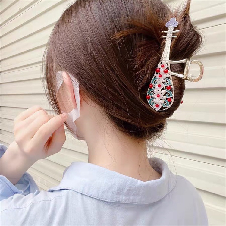 Haimeikang Kẹp tóc cỡ lớn hình đàn ti bà đính đá và ngọc trai giả thời trang cao cấp cho nữ