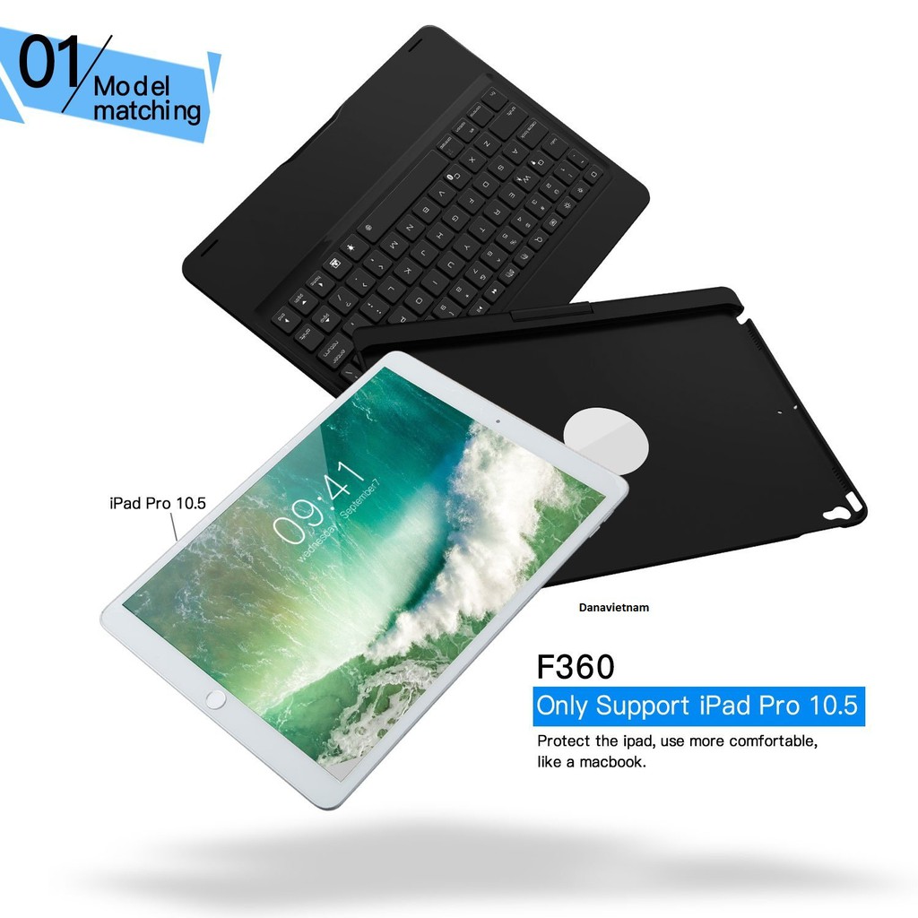 Bàn phím bluetooth kiêm ốp lưng F360 cho iPad Pro 10.5'' xoay 360 độ (Đen) tặng cáp sạc iPhone