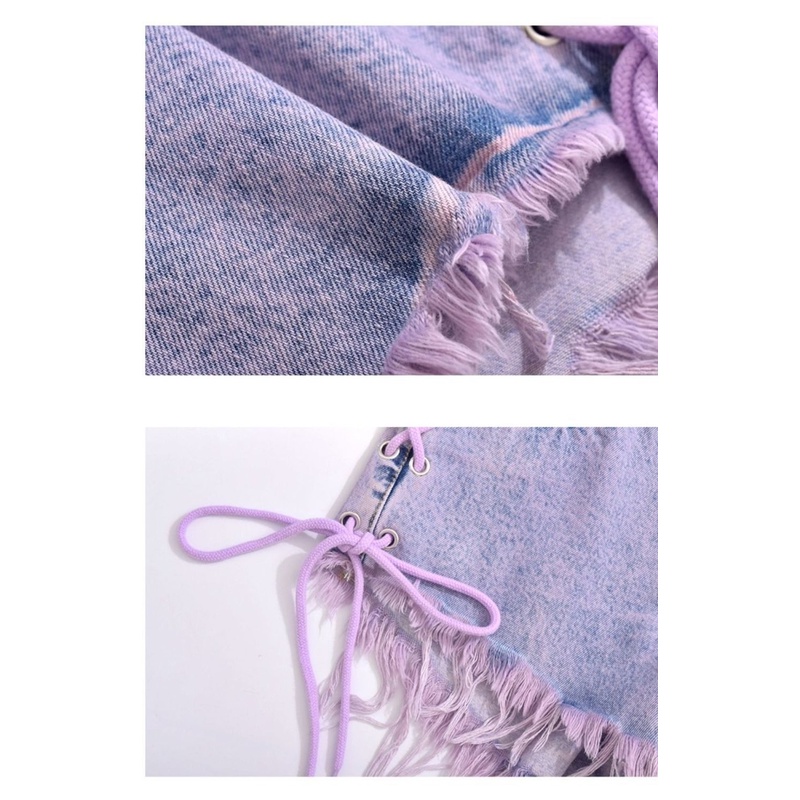 Quần Short Denim Lưng Cao Phối Dây Tua Rua Màu Tím Cho Nữ 4988