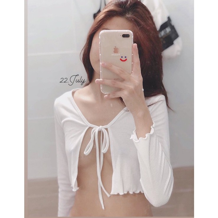 Áo kiểu buộc dây tay dài, croptop mùa thu đôngthun co giãn, mặc được nhiều phong cáchHình thật shop chụpform croptop