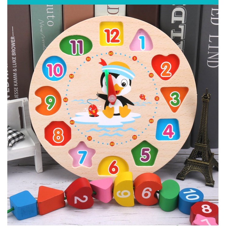 Đồ chơi đồng hồ gỗ, luồn số giúp bé biết thời gian sớm, Đồ chơi Montessories an toàn cho trẻ