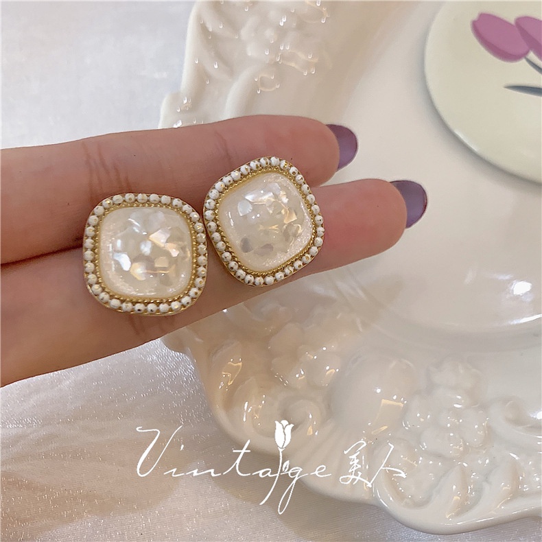 Bông Tai Mạ Bạc 925 Hình Vuông Đính Vỏ Sò Phong Cách Hong Kong Retro Nhật Bản