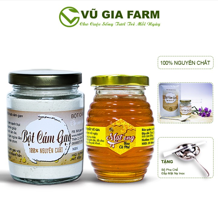 Combo Bột Cám Gạo + Mật Ong Hoa Cà Phê - Nguyên Chất Vũ Gia 100ml + Tặng Bộ Đắp Mặt