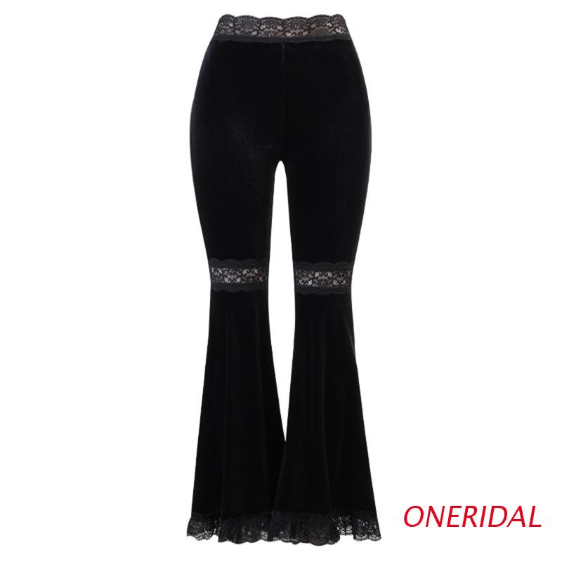 Quần Nhung Đen Lưng Cao Ống Loe Phối Ren Phong Cách Harajuku Quyến Rũ Cho Nữ