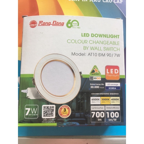 Đèn LED Âm Trần Downlight AT10 Dày 90/7W (Viền Vàng ,Đổi Màu)