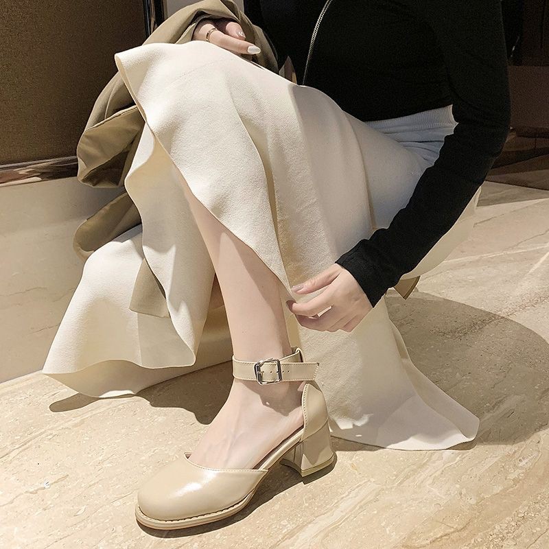 Giày sandal Mary Jane mũi tròn cao gót đế vuông 5p