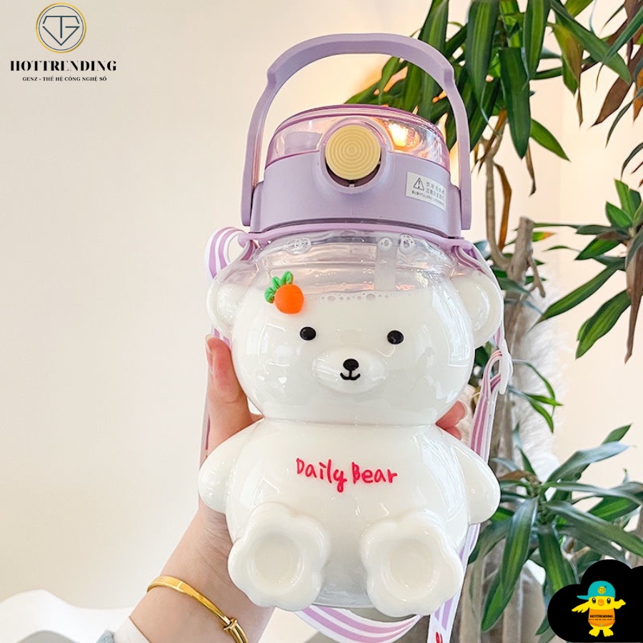 Bình Nước Gấu 1100ml Tặng kèm Sticker 2D, 3D Có Dây Đeo Chéo Kèm Ống Hút Tiện Lợi An Toàn