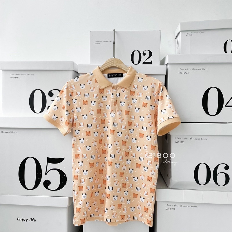 BIBOO - Áo polo họa tiết có cổ tay ngắn form unisex nam nữ CÚN MẶT VUÔNG - PUPPIES chất liệu dày dặn, không nhăn