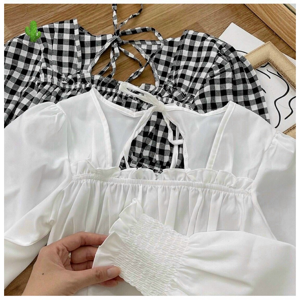 Áo kiểu cổ U viền bèo nhún hở lưng cột nơ cổ cực xinh , chất kate lụa mềm mịn