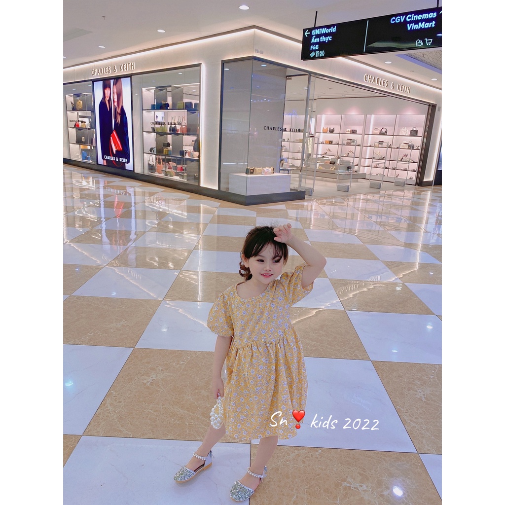 Váy hoa nhí tay bồng bé gái, váy hoa nhí thô bồng bềnh thân váy cách điệu cho bé