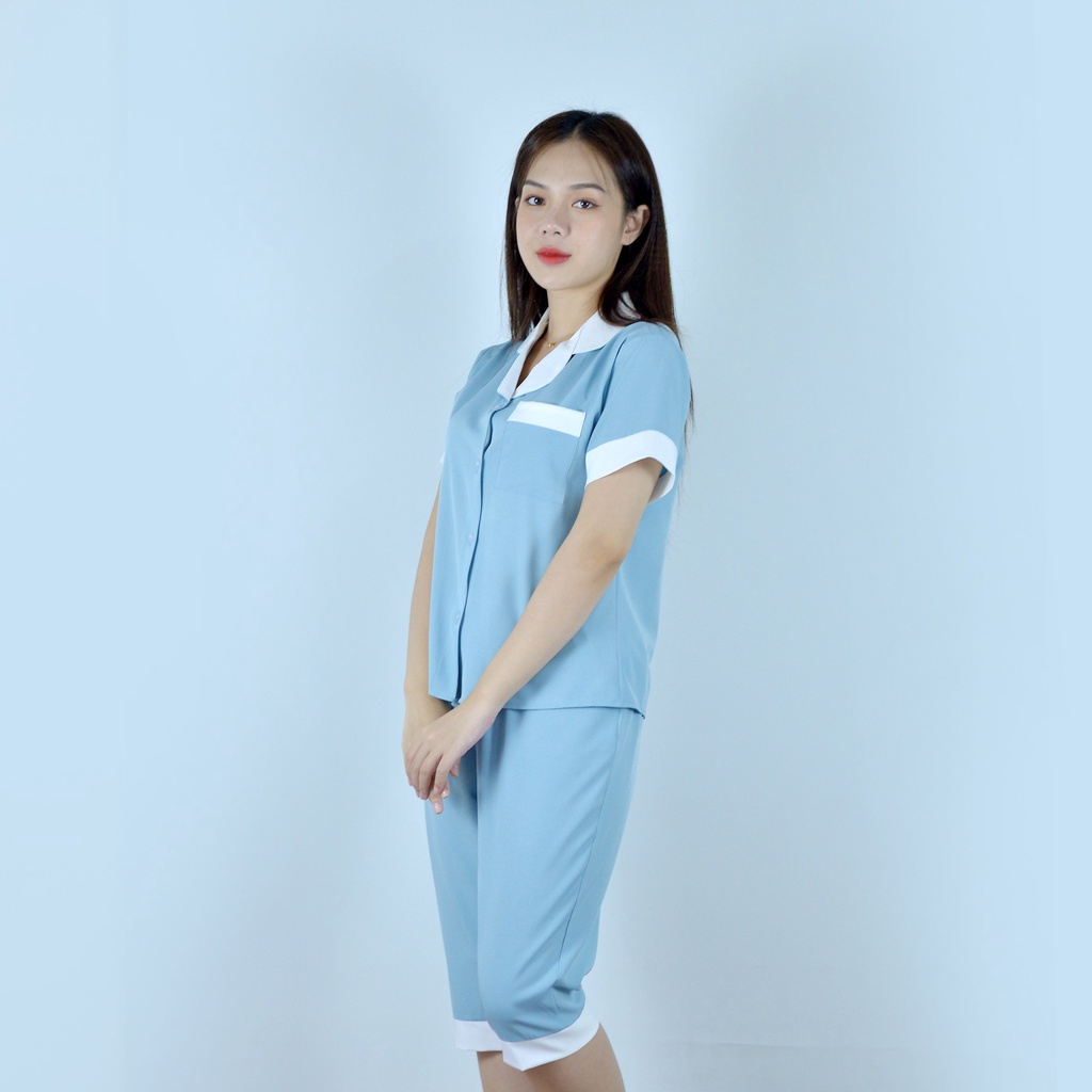 Bộ PIJIMA Nữ màu XANH NGỌC Chất Lụa Cao Cấp - Quần lửng tay ngắn pha cổ đen  - Nhẹ nhàng - Đằm thắm