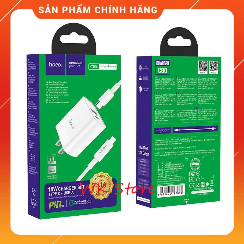 Bộ sạc nhanh (cốc+ cáp ) 2 cổng Hoco C80A cho iphone và android (QC và PD),BH 1 năm