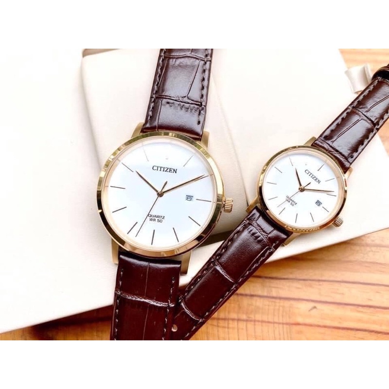 Đồng hồ đôi nam nữ dây da Citizen Quartz BI5072 01A EU6092 08A