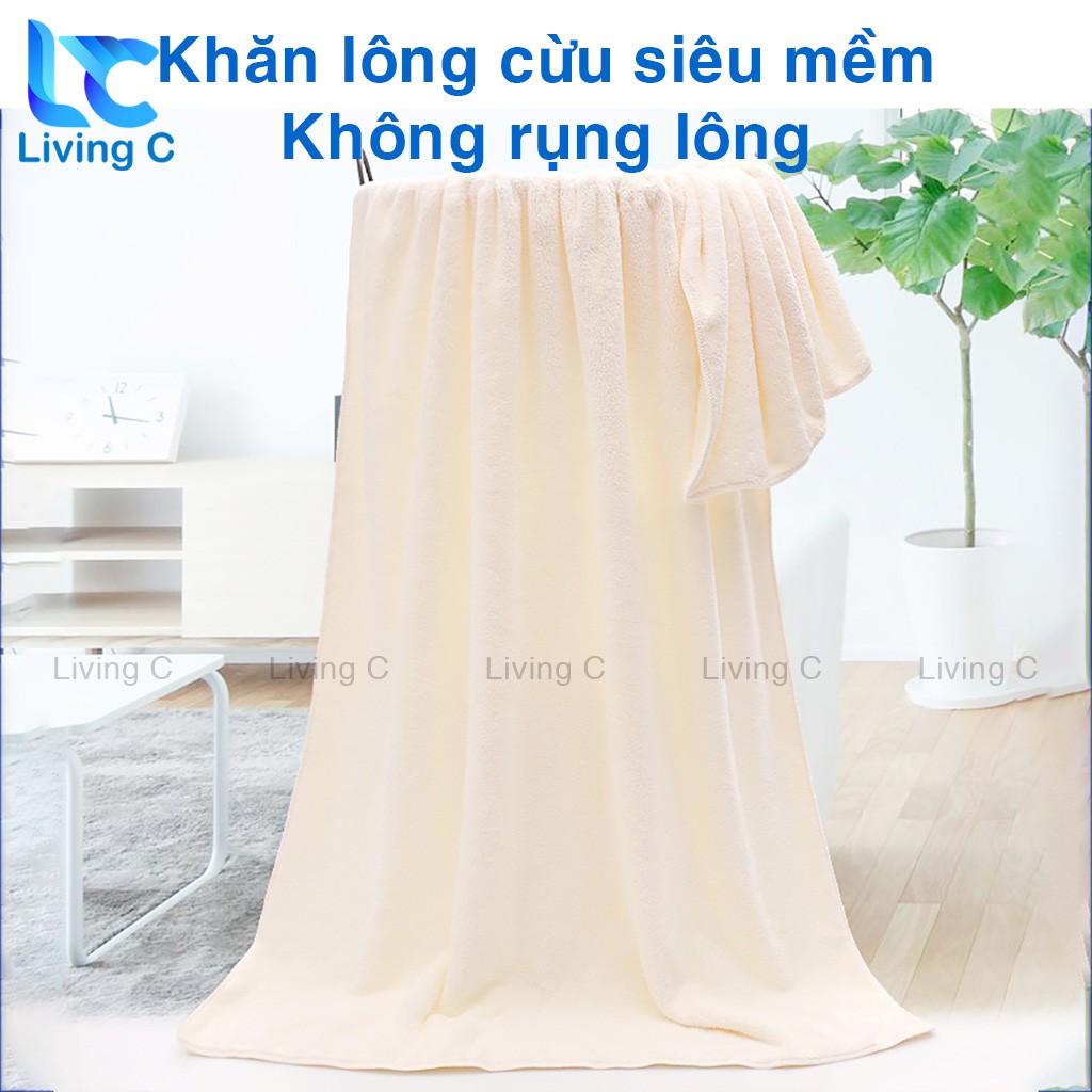 Bộ 2 khăn tắm lớn cao cấp Living C, khăn tắm lông cừu 70x140 và 35x75 lông mềm thấm hút tốt không rụng lông _CKT