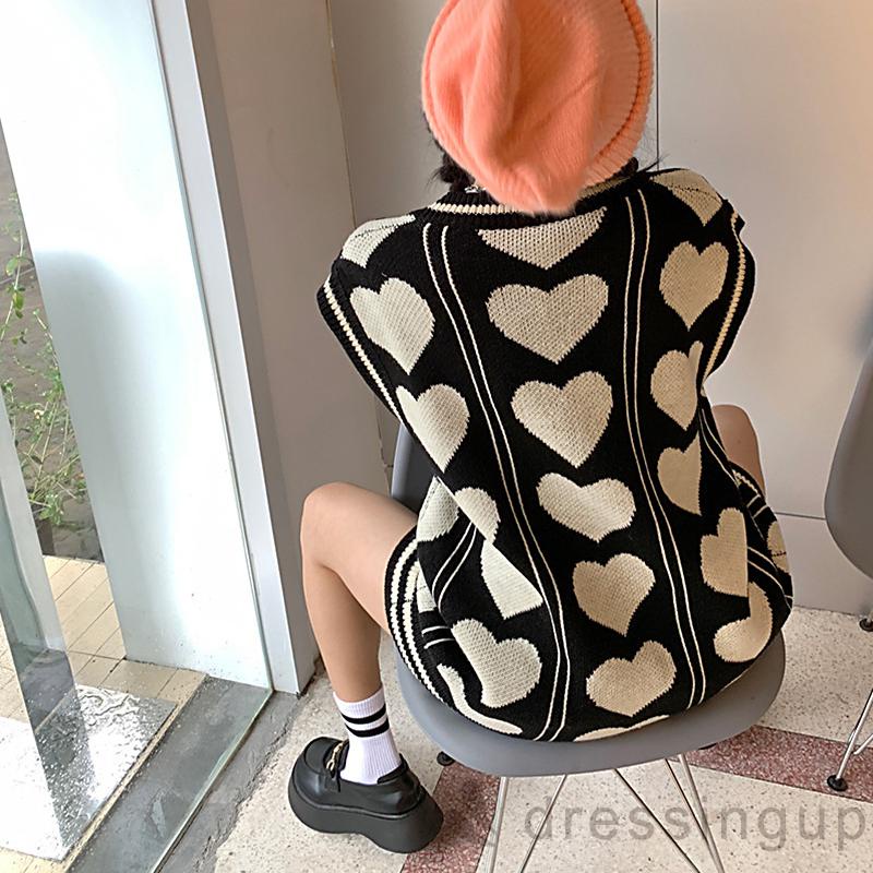 Áo dệt kim sát nách dáng rộng in họa tiết trái tim màu sắc thời trang mùa đông cho nữ