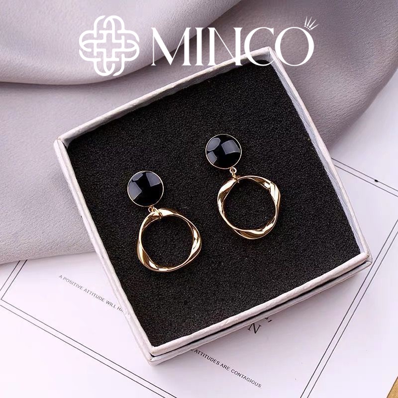 Bông tai nữ đá đen tròn Minco Accessories màu Gold phụ kiện trang sức đẹp phong cách cá tính BT314