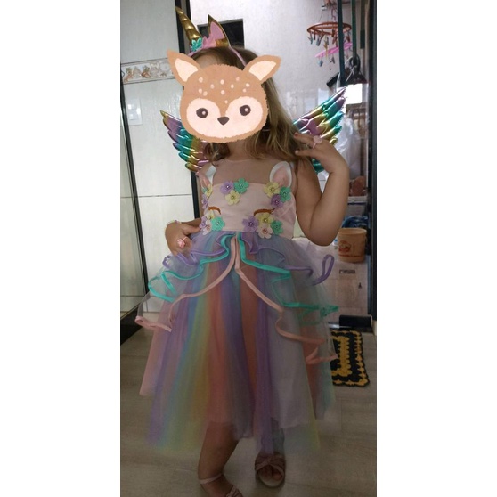 Đầm xòe nhiều lớp họa tiết kỳ lân màu cầu vồng đáng yêu cho bé gái