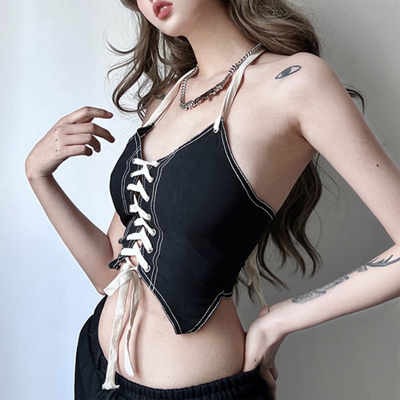Áo Croptop Hai Dây Cổ Chữ V Hở Lưng Màu Sắc Tương Phản Gợi Cảm Cho Nữ