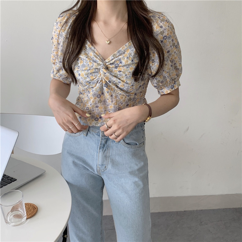 SUXI Áo Croptop Tay Phồng Cổ Vuông Họa Tiết Hoa Xinh Xắn Cho Nữ