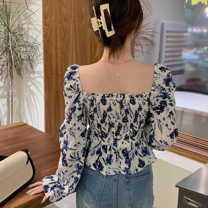 Áo Sơ Mi Chiffon Tay Dài Cổ Vuông In Họa Tiết Hoa Phong Cách Hàn Quốc Cho Nữ