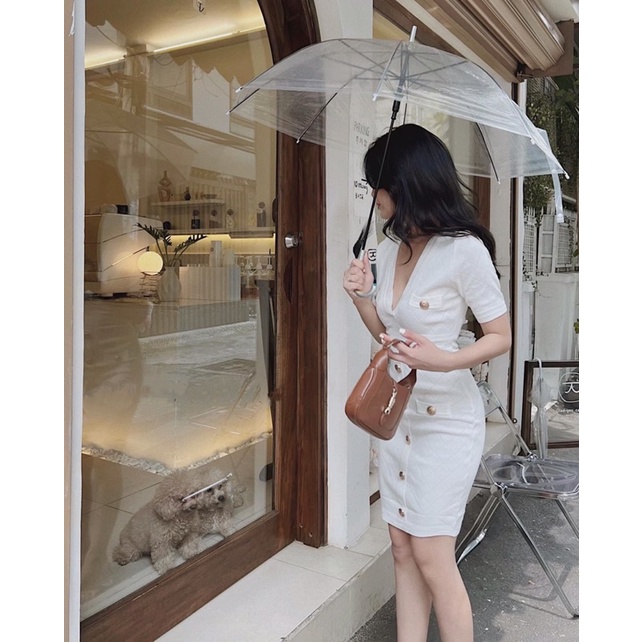 Đầm Body Dệt Kim Tay Ngắn Cổ Chữ V , đầm dáng ôm phối khuy đồng sexy