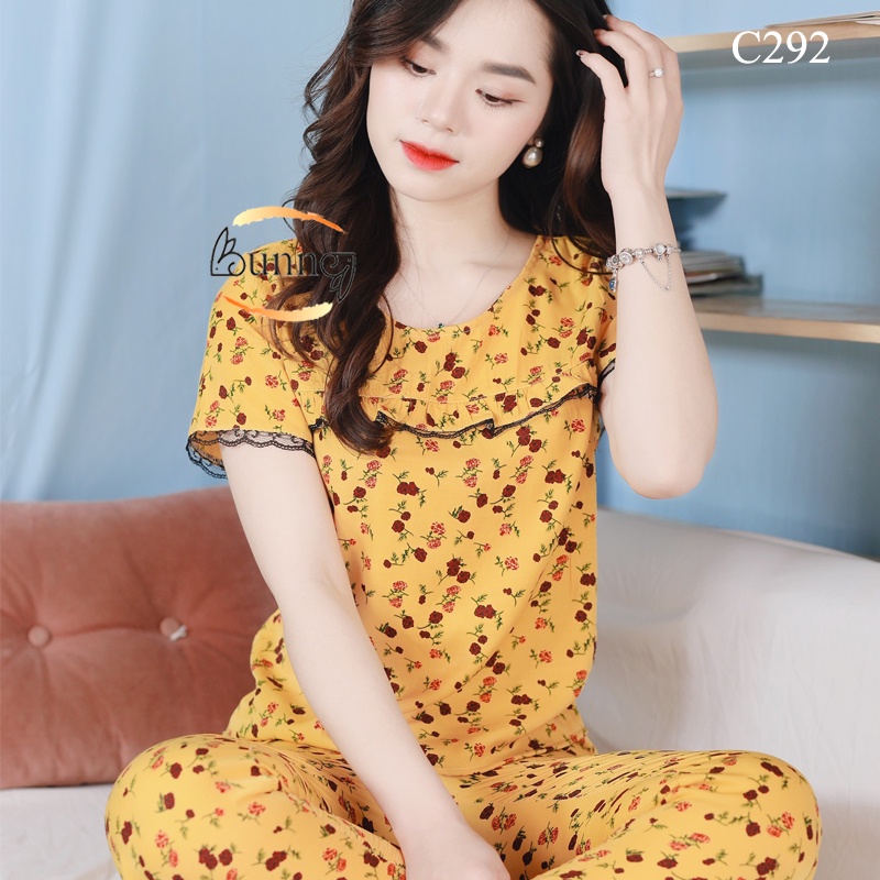 {BUNNY} ĐỒ BỘ NỮ, QUẦN ÁO NỮ MẶC NHÀ, SAU SINH THOẢI MÁI, KIỂU CỔ TRÒN HOẠ TIẾT NHẸ NHÀNG