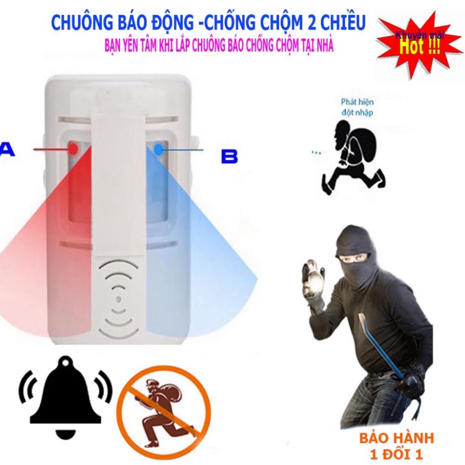Chuông báo động hai chiều cảm ứng hồng ngoại, thiết kế thông minh  đế xoay 360 độ ,ban ngày báo khách,