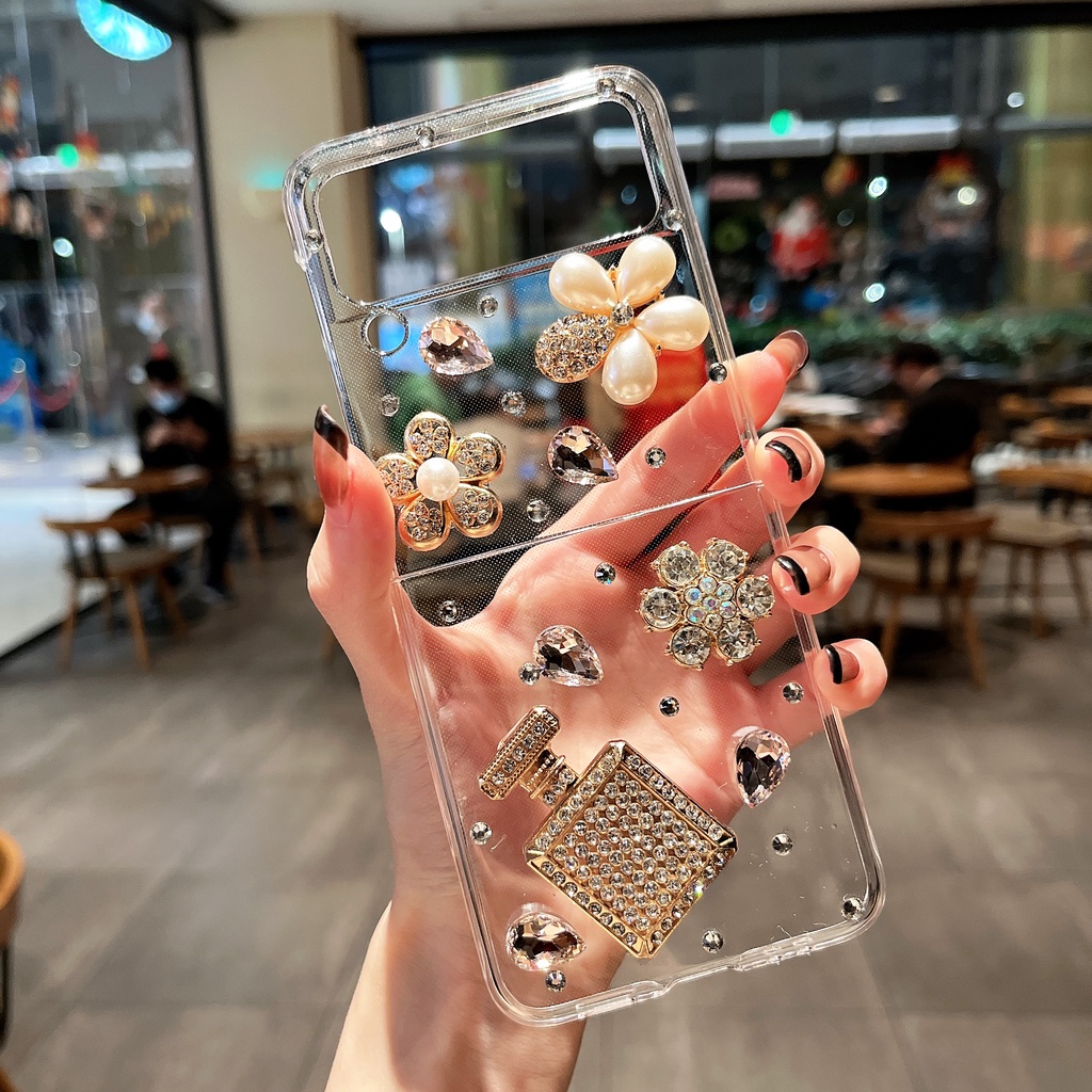 Thời Trang Bao Da Điện Thoại Nắp Lật Cứng Hình Hoa Đính Đá diy Cho samsung galaxy z flip 4g 5g 4 3 flip3 flip4 Ốp