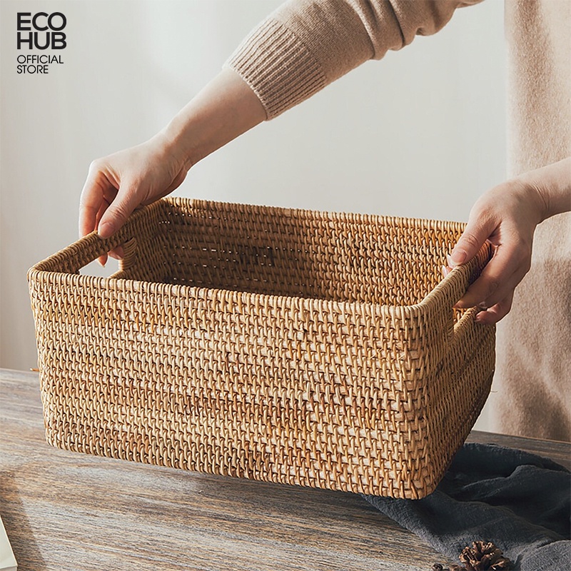 Giỏ mây có tay cầm ECOHUB đựng đồ có nắp decor cao cấp (Rattan box)