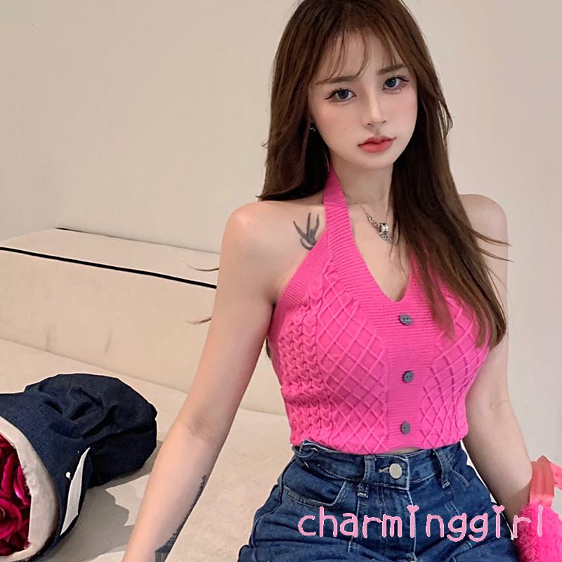 Áo Croptop Dệt Kim Sát Nách Cổ Chữ V Màu Trơn Cài Nút Thời Trang Cho Nữ