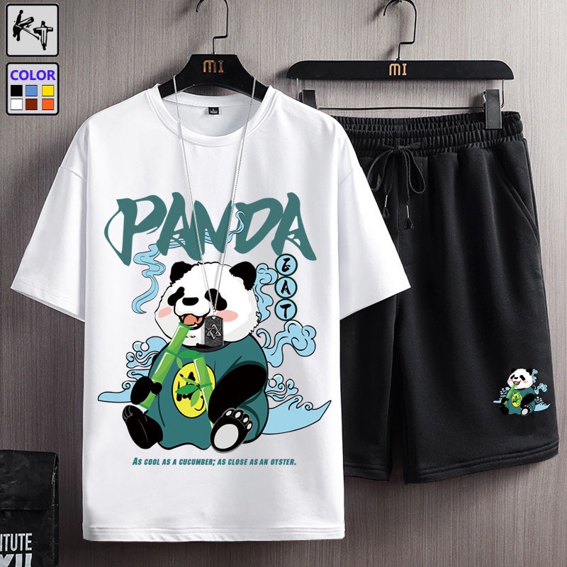 Set áo thun tay ngắn + quần đùi KT KTZ9016 in hình gấu trúc độc đáo có size lớn M-8XL thoải mái cho nam