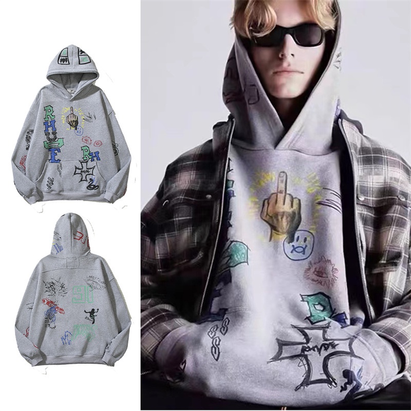 Hàng Bán Chạy Áo HOODIE Cotton Plus Size Tay Dài Dáng Rộng Vẽ Graffiti Bằng Tay RHUDE DOODLE Unisex