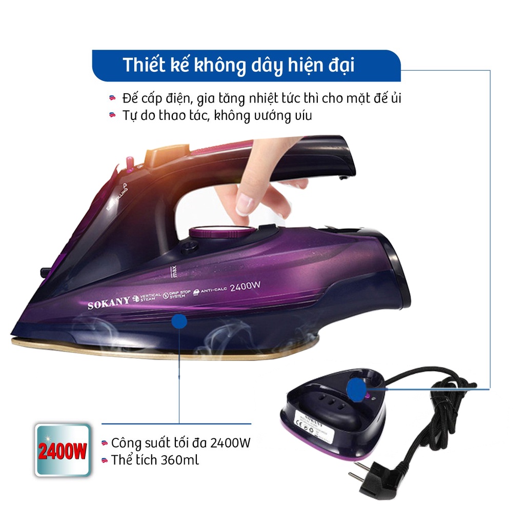Bàn ủi, bàn là hơi nước không dây SOKANY AJ-2085 (2400W) - Hàng chính hãng bảo hành 2 năm.